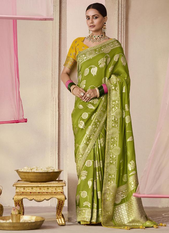 Dola Silk Parrot Green Wedding Wear Weaving Saree